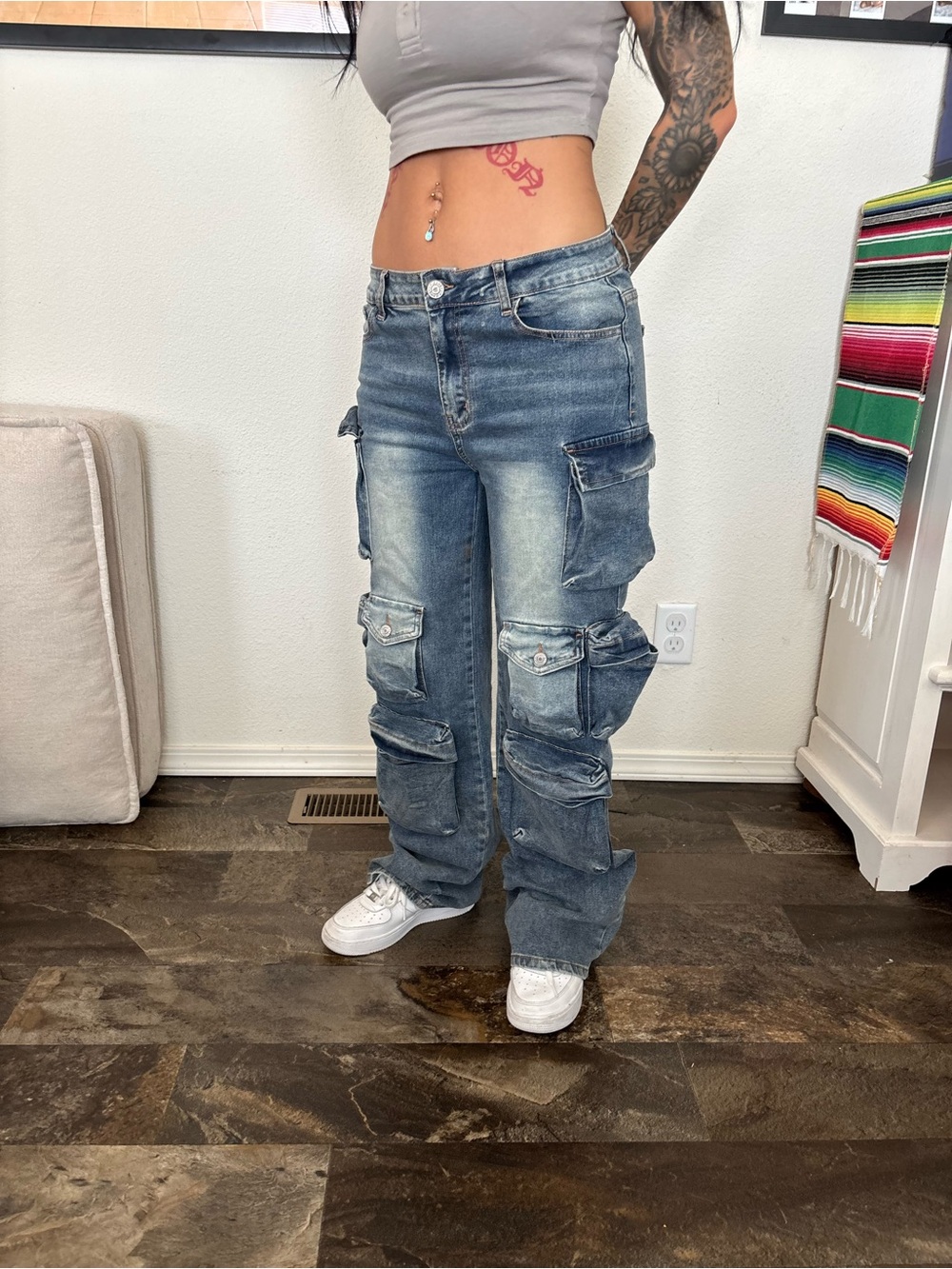 VIP Men's Distressed Blue Cargo Denim Jeans - Relaxed Fit